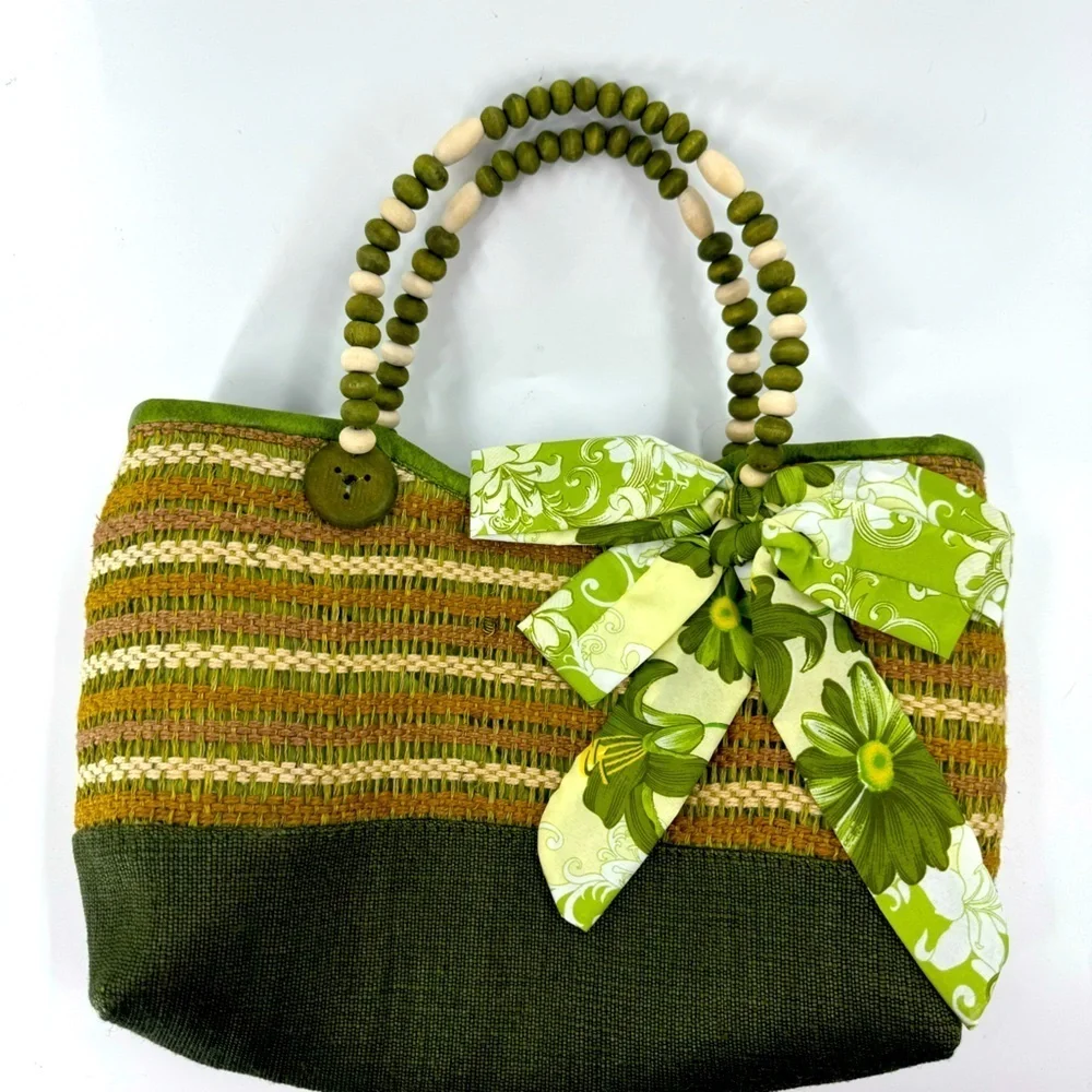 Unbranded Green/Tan Striped Tote with Beaded Handle‎ with Bow Detail